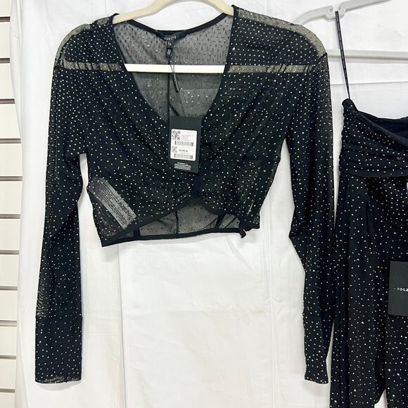 NWT Rosacha Polka Dot Sheer Crop Blouse Top & Tie Waist Flare Pants Set Black S - Picture 2 of 12